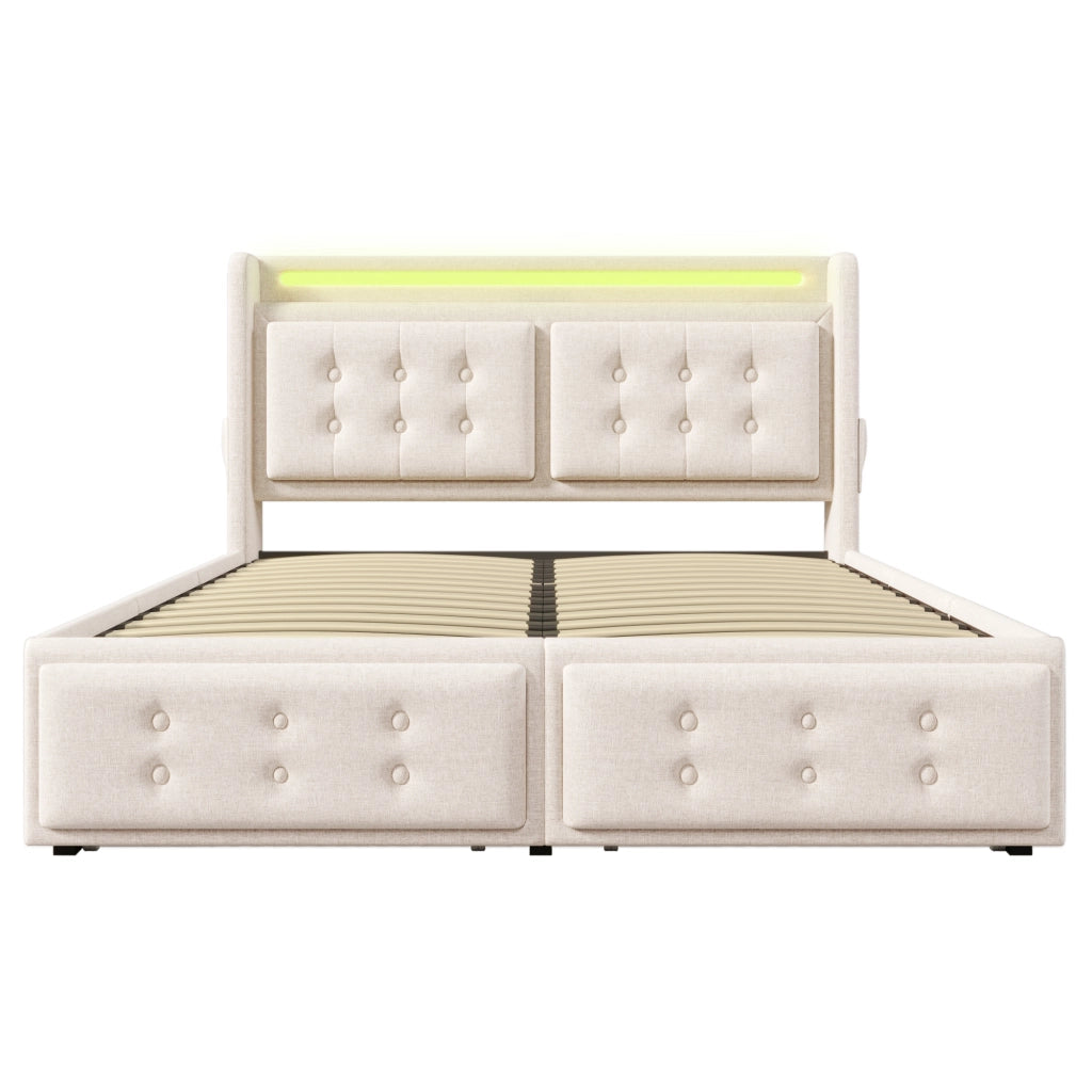 Letto matrimoniale 140x200 beige con LED e 4 cassetti