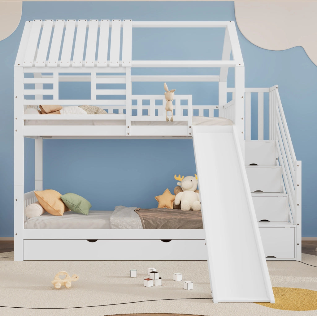 Letto a castello per bambini 90x200 cm con scala contenitore e scivolo; bianco