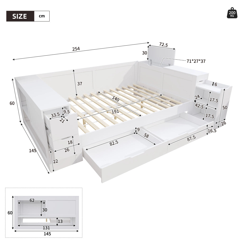 Letto con Cassetti 140x190 cm - Contenitore e Comodino Scorrevole - MDF - Bianco