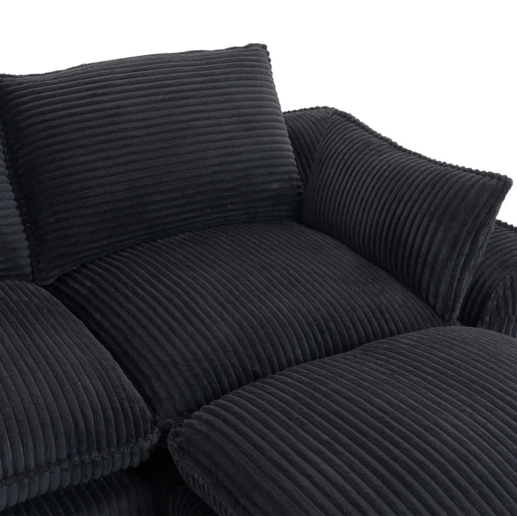 Divano modulare ULEVR 335x167x85 cm in velluto a coste nero con tasche laterali e cuscini