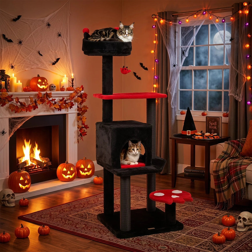 Albero per gatti gotico 144 cm con tiragraffi, lettino e cuccia, nero e rosso, resistente per casa
