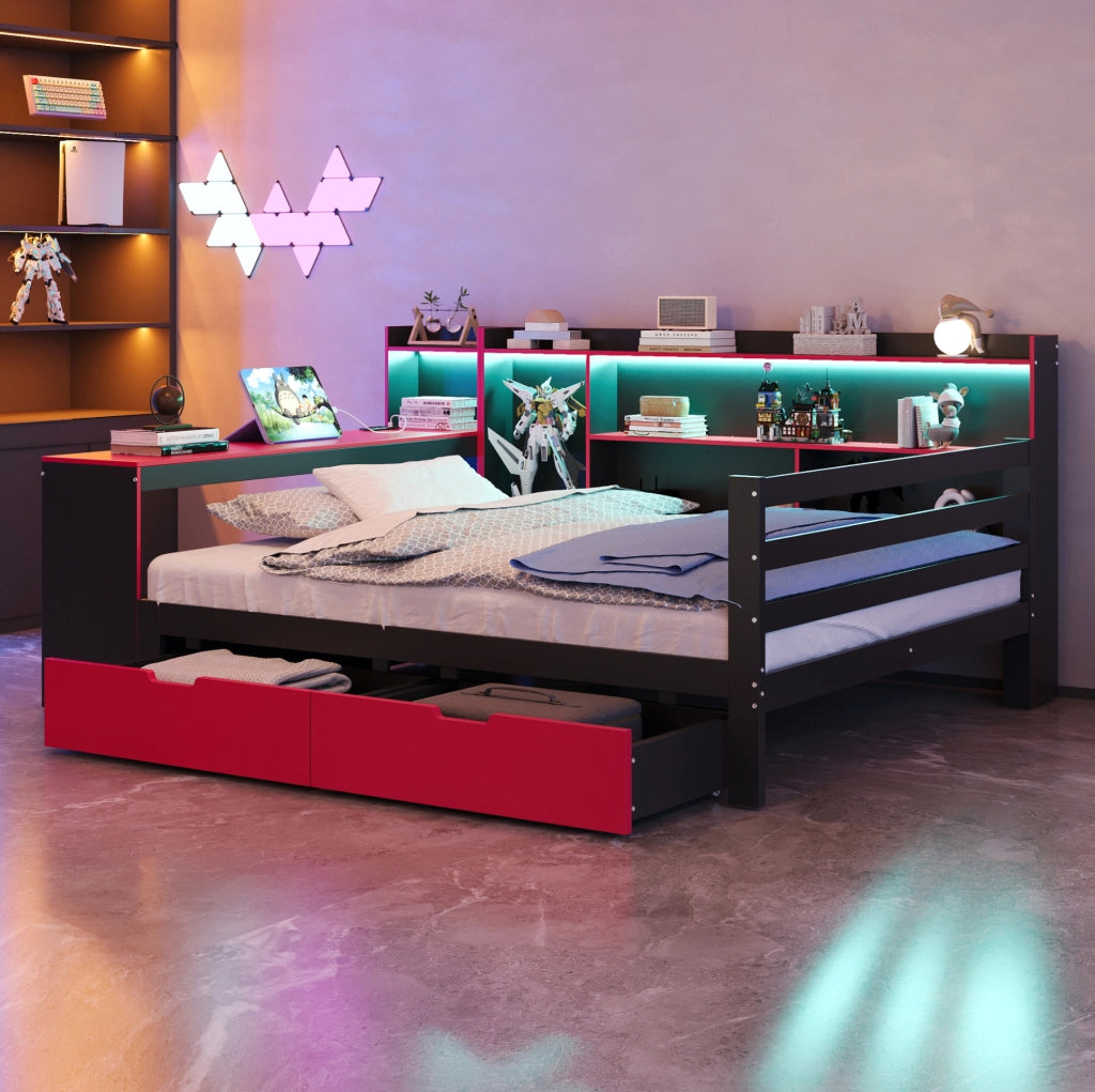 Letto matrimoniale multifunzione 140x200 cm con scrivania; LED e USB; nero e rosso