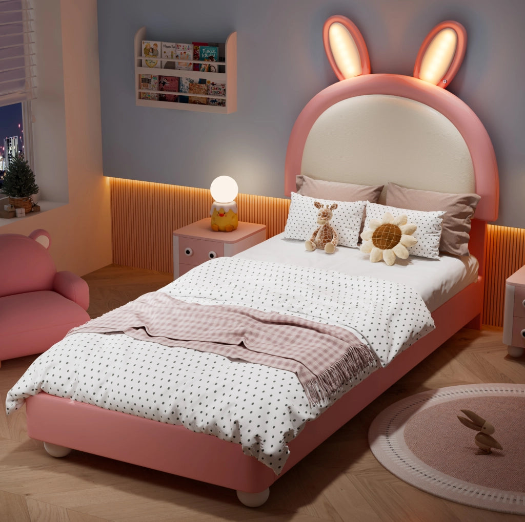 Letto singolo imbottito per bambini 90x200 cm con LED e testiera a coniglio; rosa