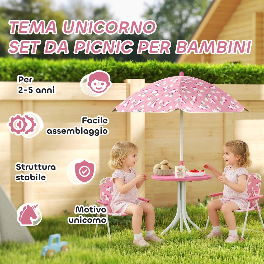 Set Tavolo da Picnic per Bambini con Sedie e Ombrellone Rosa Pratico e Resistente per Giardino