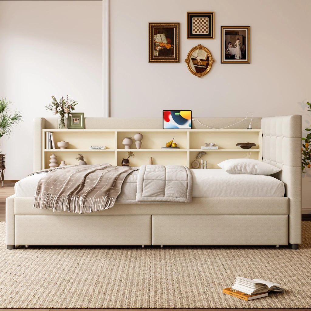 Letto con cassetti 90 × 200 cm con testiera a bottoni; prese USB e Type-C; ripiani; lino e MDF beige