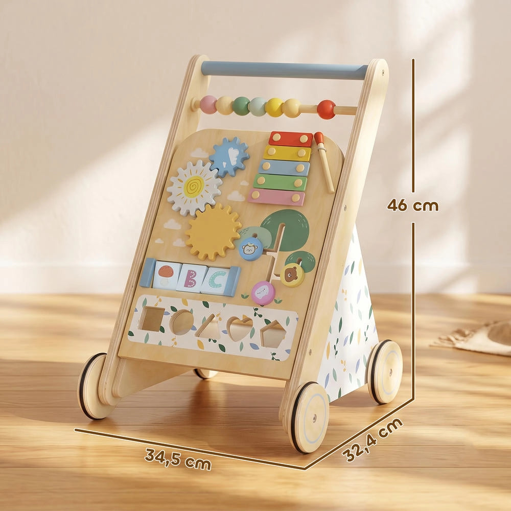 Carrello primi passi in legno naturale per bambini con centro attività e ruote regolabili, robusto e pratico