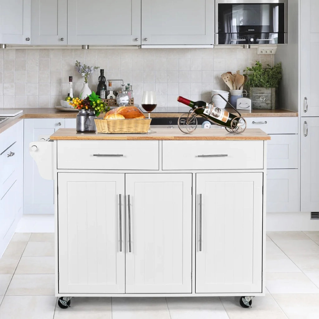 Kitchen Island Trolley Cart Wood Top Rolling Storage Cabinet-White