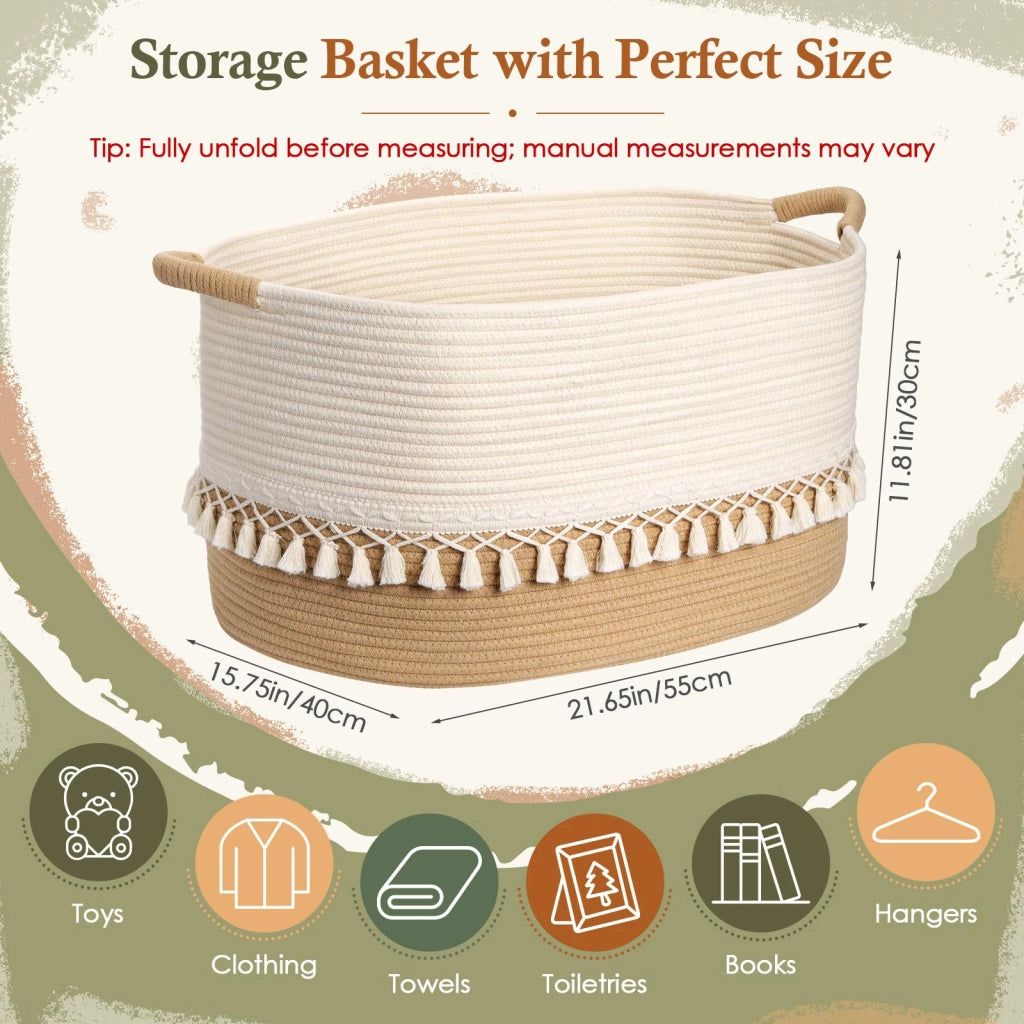 Cesto portaoggetti con frange, in cotone, 38x26x22 cm