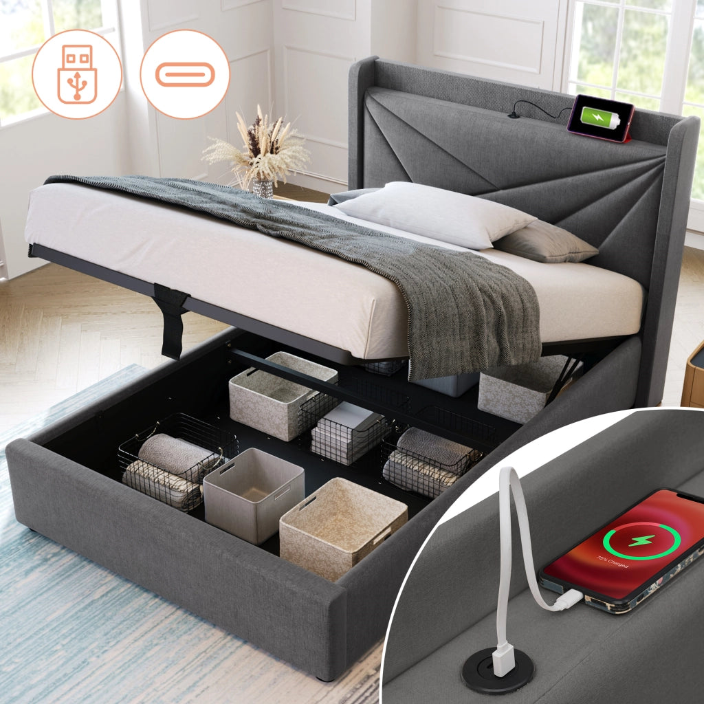 Letto con contenitore 90x200 grigio con testiera USB e Tipo C