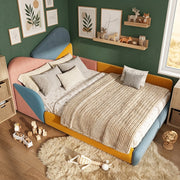 Letto per bambini imbottito 140 × 200 cm in velluto francese blu rosa e arancione con sponde rialzate patchwork