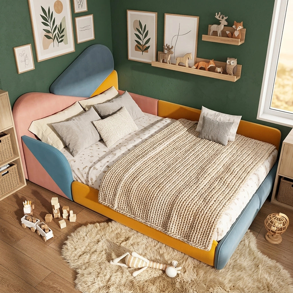 Letto per bambini imbottito 140 × 200 cm in velluto francese blu rosa e arancione con sponde rialzate patchwork