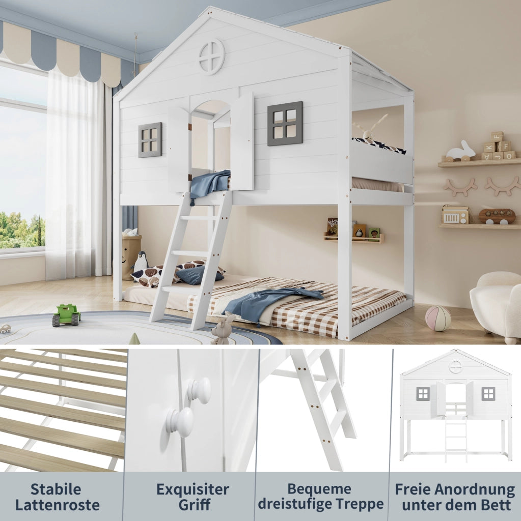 Letto a soppalco per bambini 90x200 cm con scala e protezione anticaduta; bianco e grigio