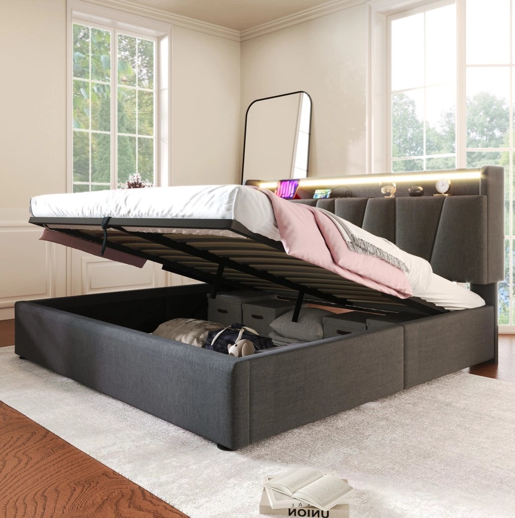 Letto contenitore 140x200 cm grigio con LED RGBW e prese USB