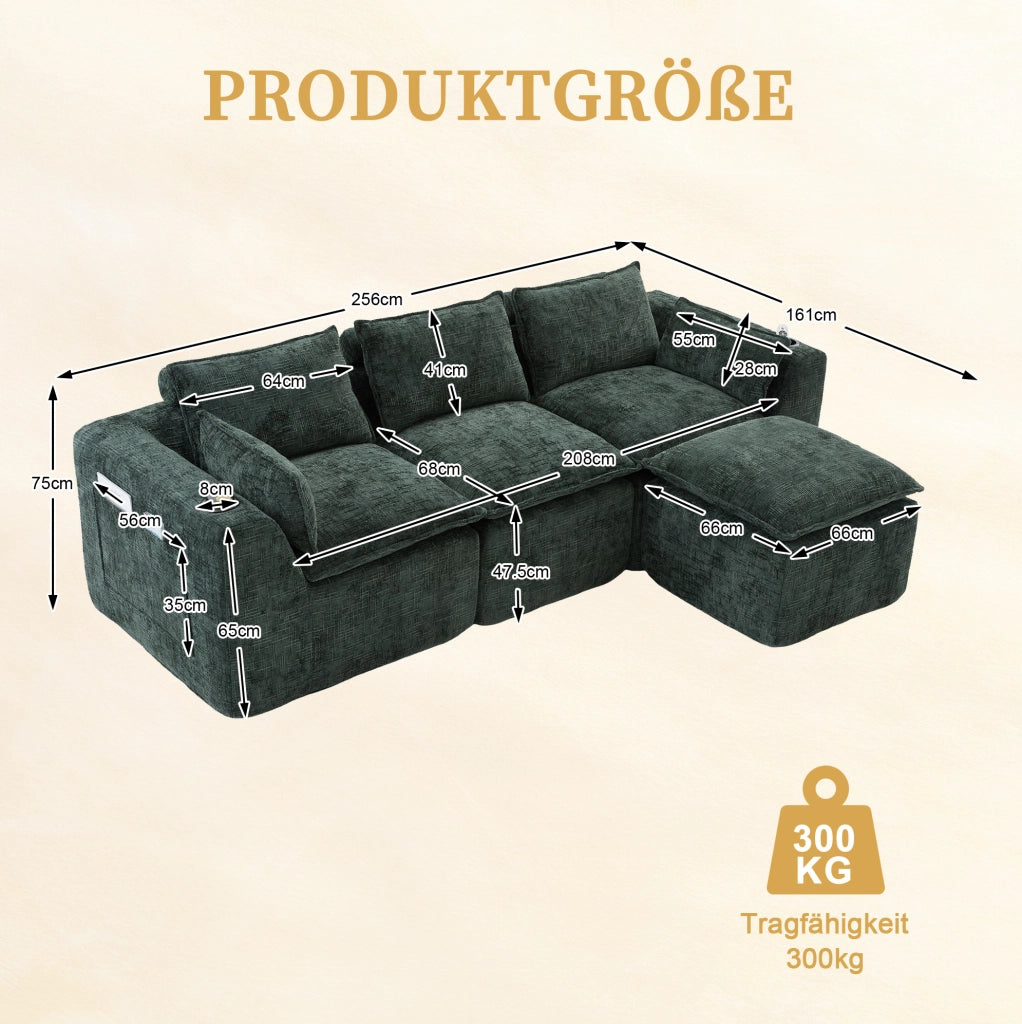 DIVANO Modulare con pouf 256x161x75 cm in ciniglia verde