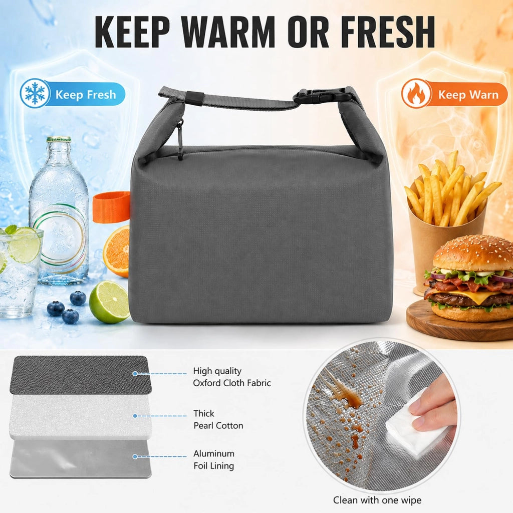 Borsa termica per il pranzo, 8 litri, grigia, a prova di perdite, riutilizzabile
