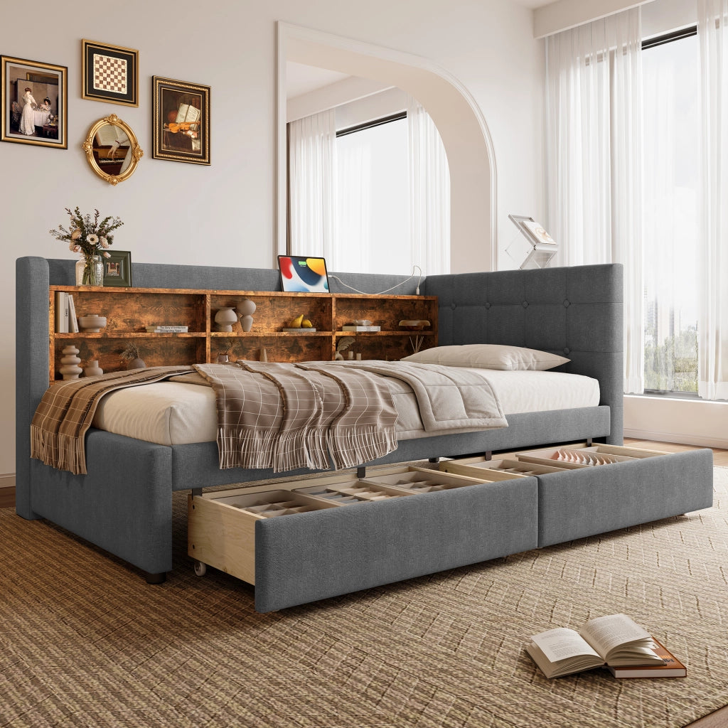 Letto singolo 90 × 200 cm con 2 cassetti in lino e MDF grigio con porte USB Type-C e ripiani