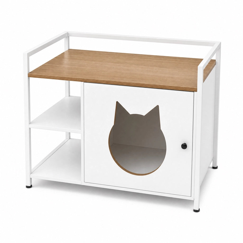 Mobile per lettiera con due ripiani aperti in MDF e metallo bianco e rovere chiaro