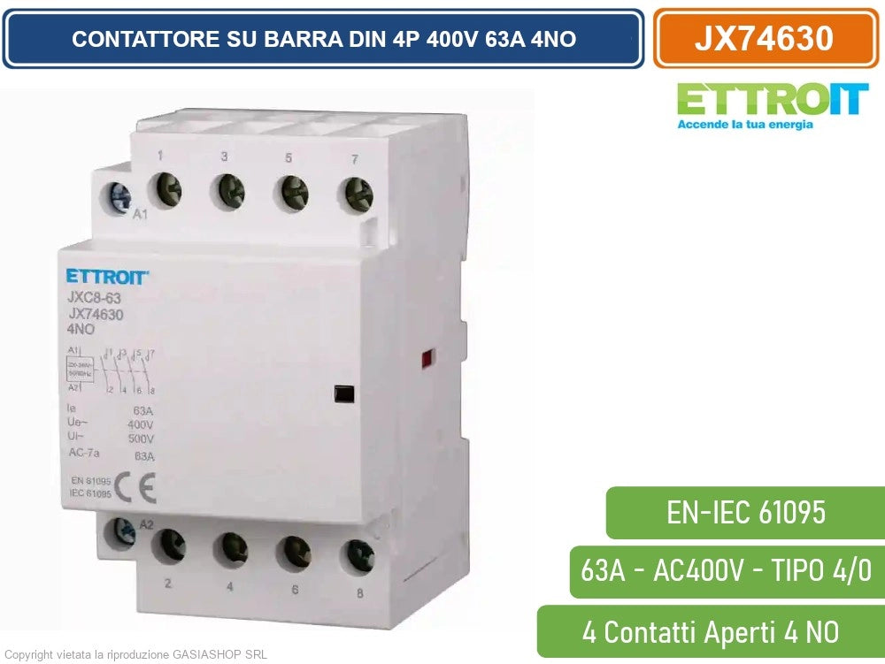 ETTROIT - CONTATTORE MODULARE SU BARRA DIN 4P 63A 400V 4 CONTATTI APERTI NO TIPO 40