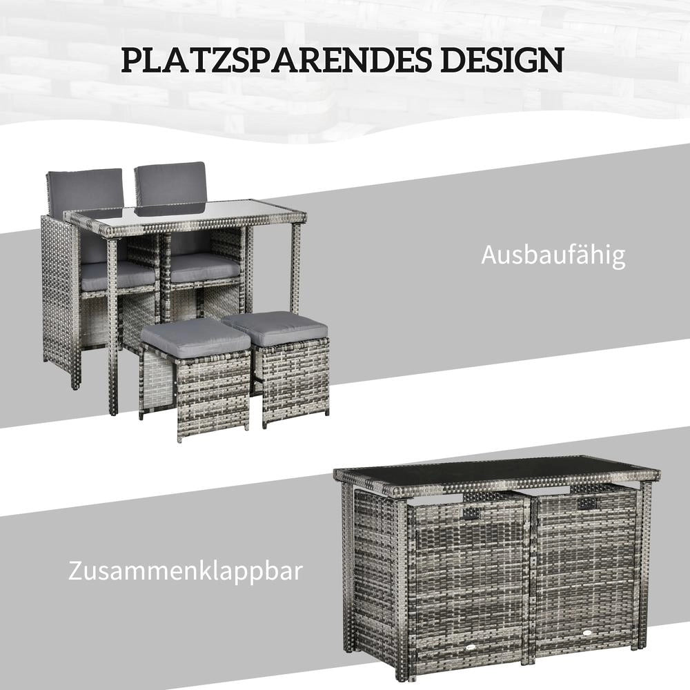Set da Pranzo da Giardino in Polyrattan Grigio per 4 Persone con Cuscini, Salotto da Esterno Resistente e Durevole per Terrazza