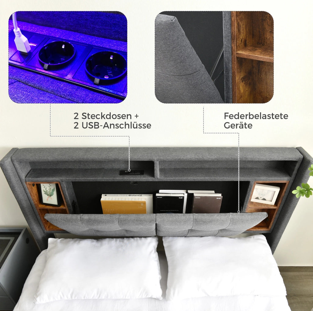 LETTO Imbottito 160x200 cm grigio con testiera contenitore, prese USB e LED