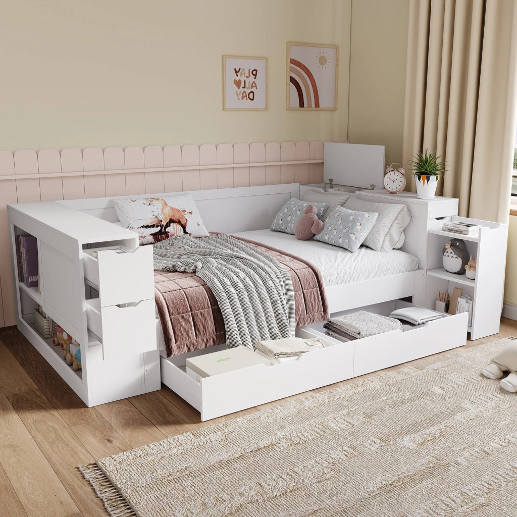 Letto con Cassetti 140x190 cm - Contenitore e Comodino Scorrevole - MDF - Bianco