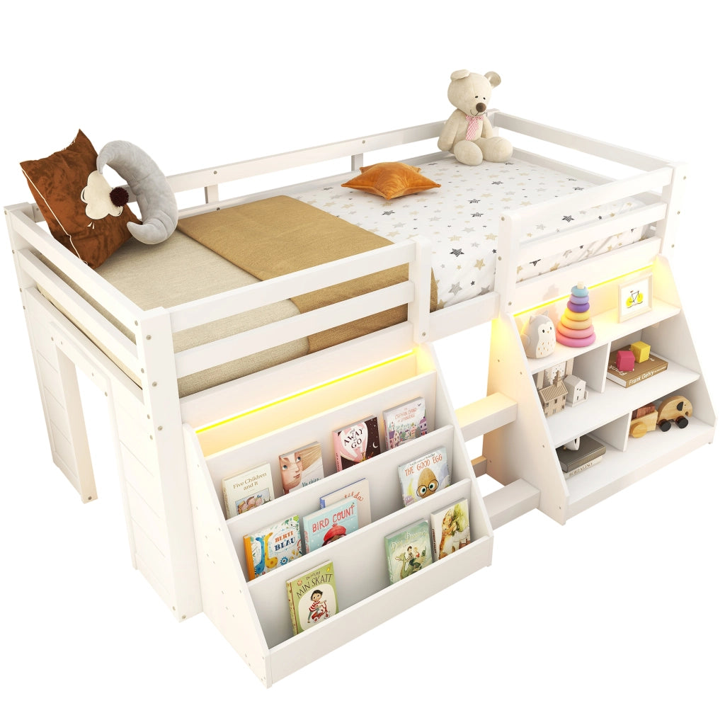Letto rialzato 90x200 cm bianco con vani portaoggetti