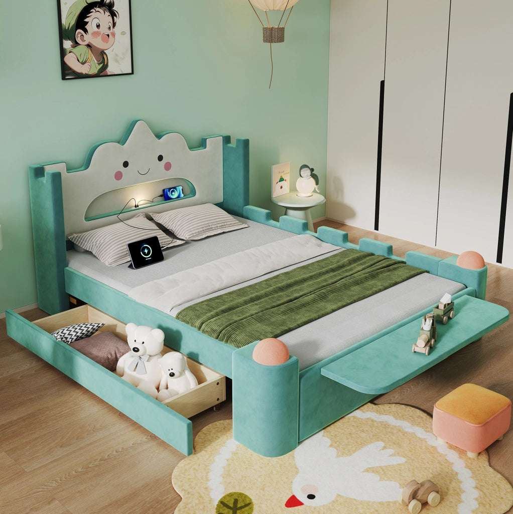 Letto imbottito per bambini 140x200 cm con cassetto; USB e lampada LED; blu-verde