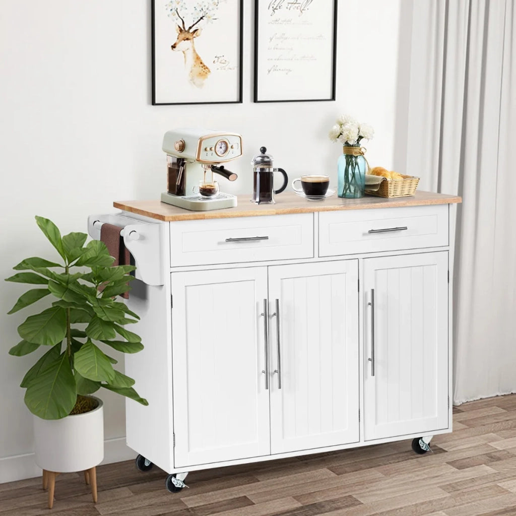 Kitchen Island Trolley Cart Wood Top Rolling Storage Cabinet-White