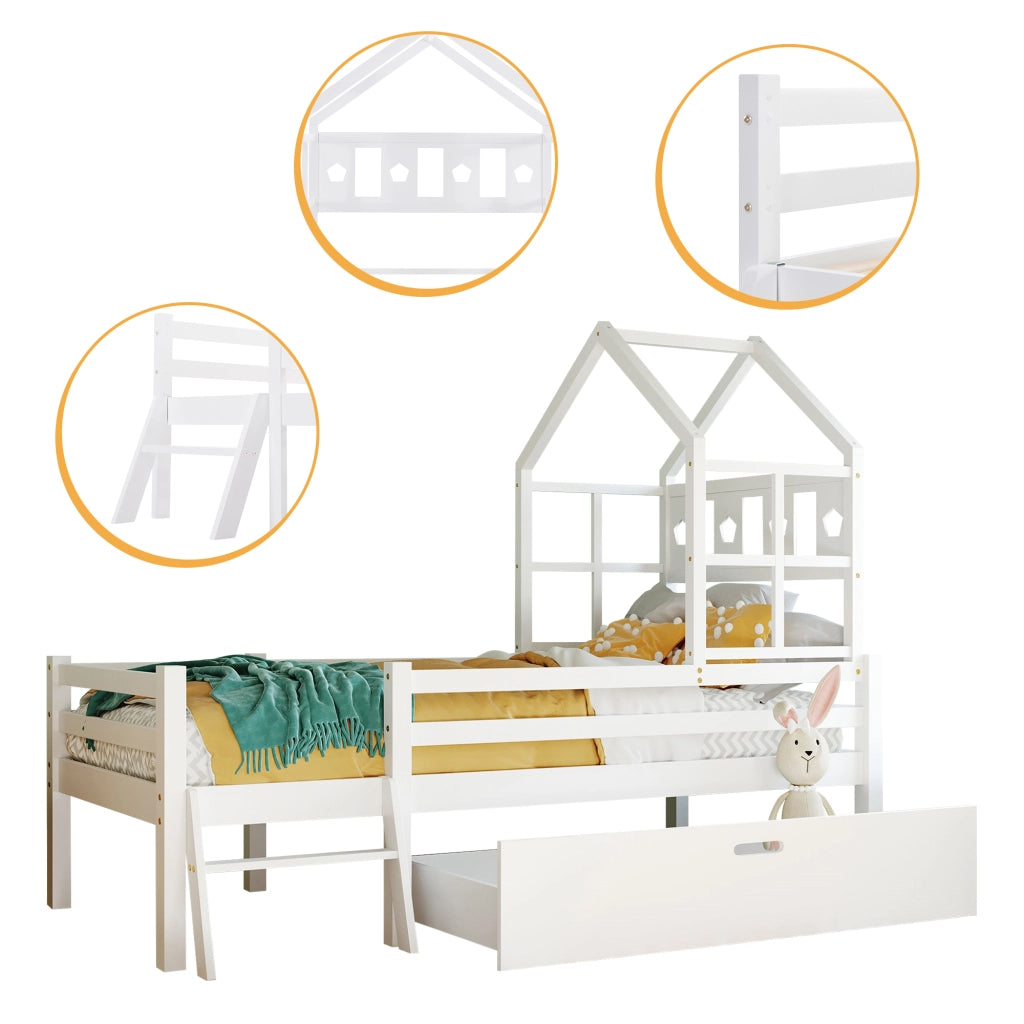Letto per bambini a soppalco bianco 90x200 cm con scala