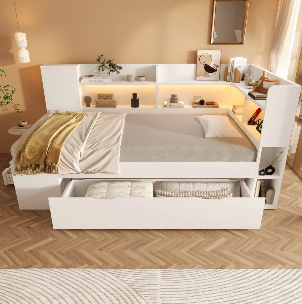 Letto singolo 90x200 cm in legno bianco con LED, USB e Type-C, contenitore e ripiani