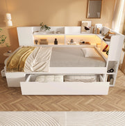 Letto singolo 90x200 cm in legno bianco con LED, USB e Type-C, contenitore e ripiani