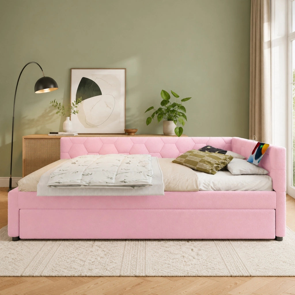 Daybed 140x200 cm con letto estraibile, USB e Type-C, lampada integrata, velluto rosa