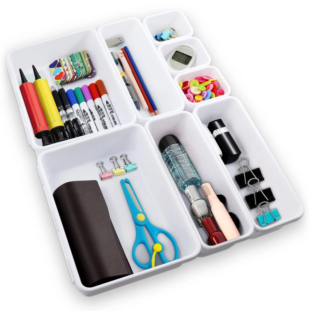 Organizzatore per cassetti, 8 pezzi, plastica, bianco, modulare