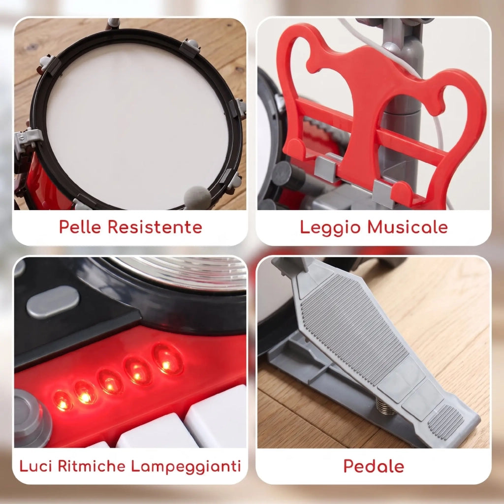 Batteria Musicale Giocattolo per Bambini con Microfono e Tastiera  Rossa