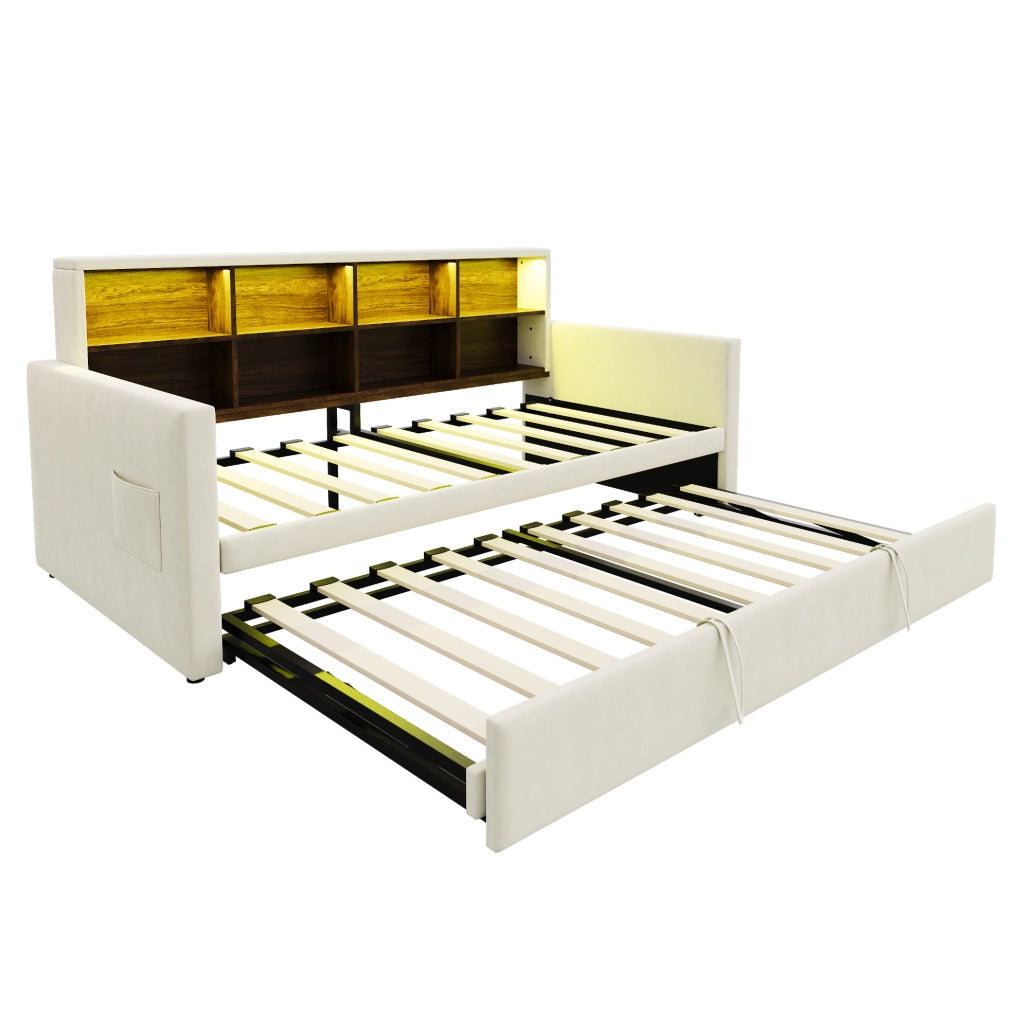 Divano letto imbottito 90x190 cm con contenitore, LED e prese integrate, velluto beige
