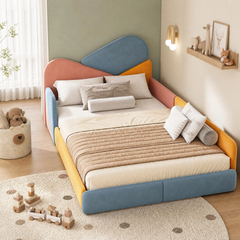 Letto per bambini imbottito 140 × 200 cm in velluto francese blu rosa e arancione con sponde rialzate patchwork