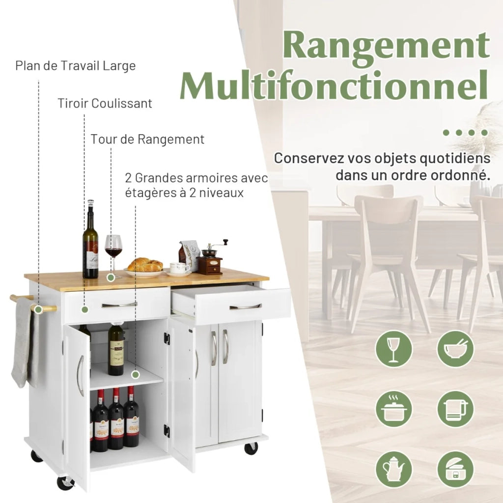 Kitchen Island on Lockable Wheels with Rubber Wood Countertop-White