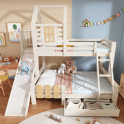 Letto a castello con scivolo e scala; bianco e legno; 90x200/140x200 cm