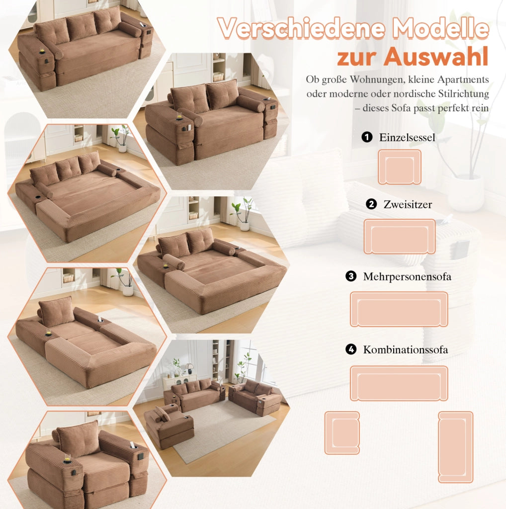 DIVANO letto 232x98x80 cm in velluto a coste marrone