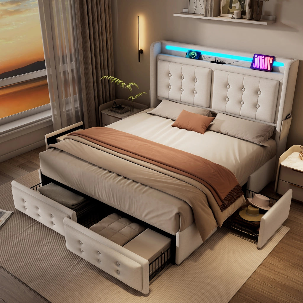 Letto matrimoniale 140x200 beige con LED e 4 cassetti