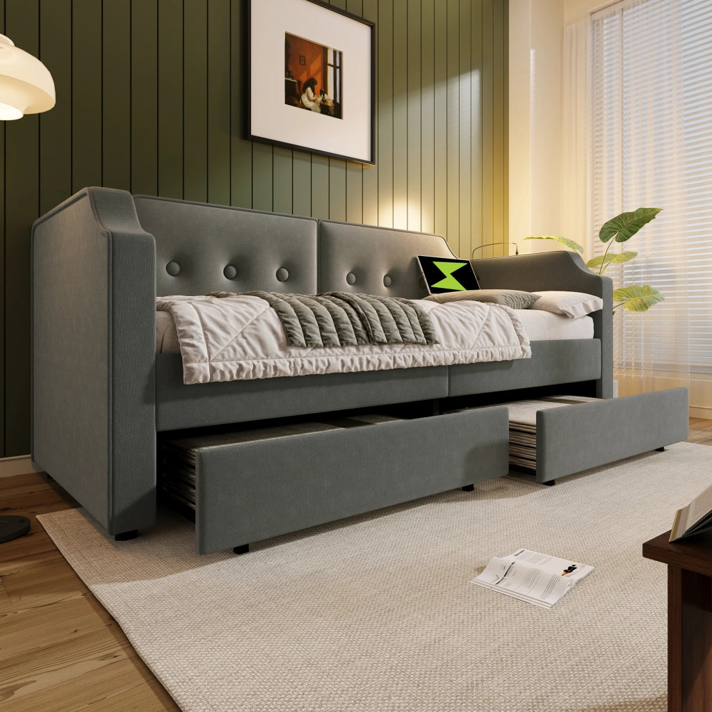 Letto imbottito 90x200 cm grigio con cassetti