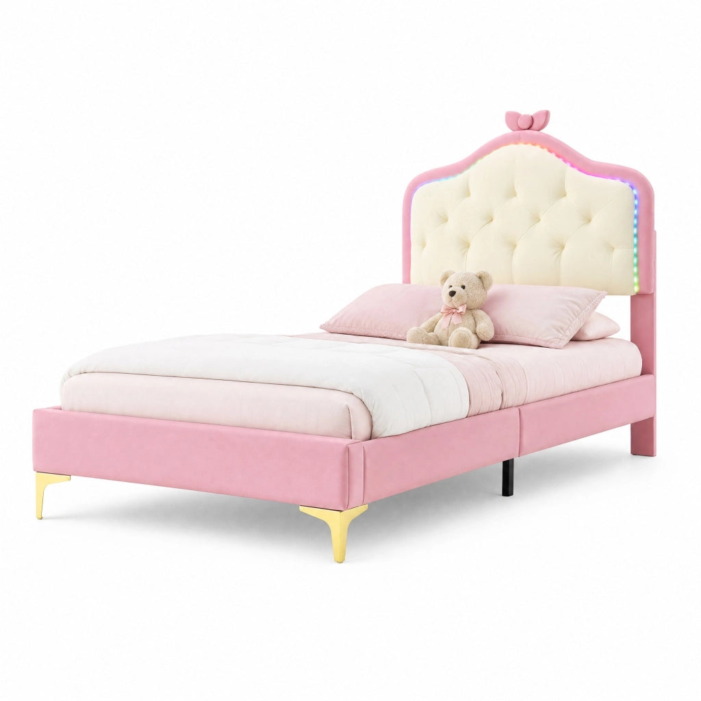 Letto singolo imbottito 90x200 cm con LED multicolore e rete a doghe; rosa e bianco