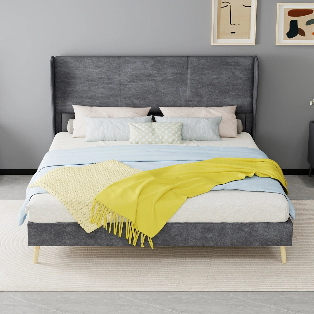 Letto matrimoniale 160x200 cm imbottito in tessuto e metallo; grigio