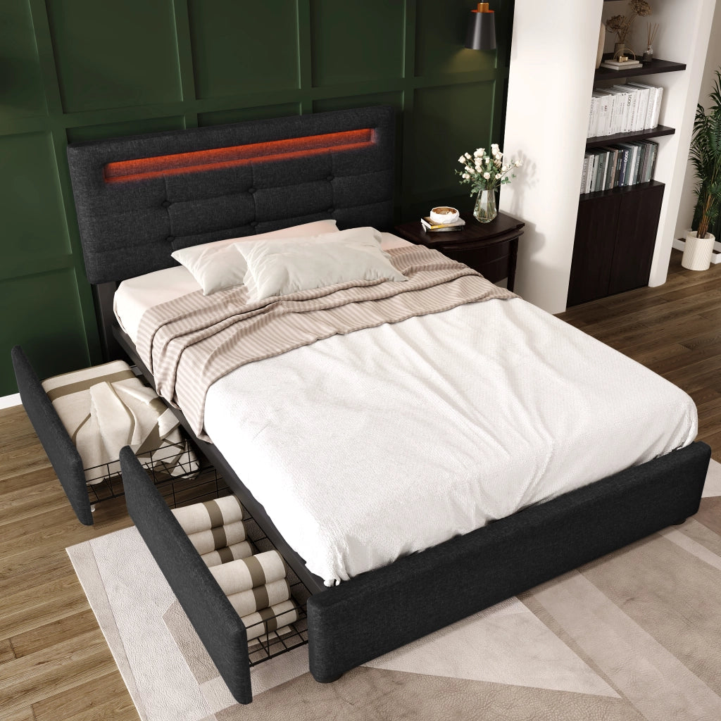 Letto singolo 90x200 cm nero con illuminazione LED e due cassetti