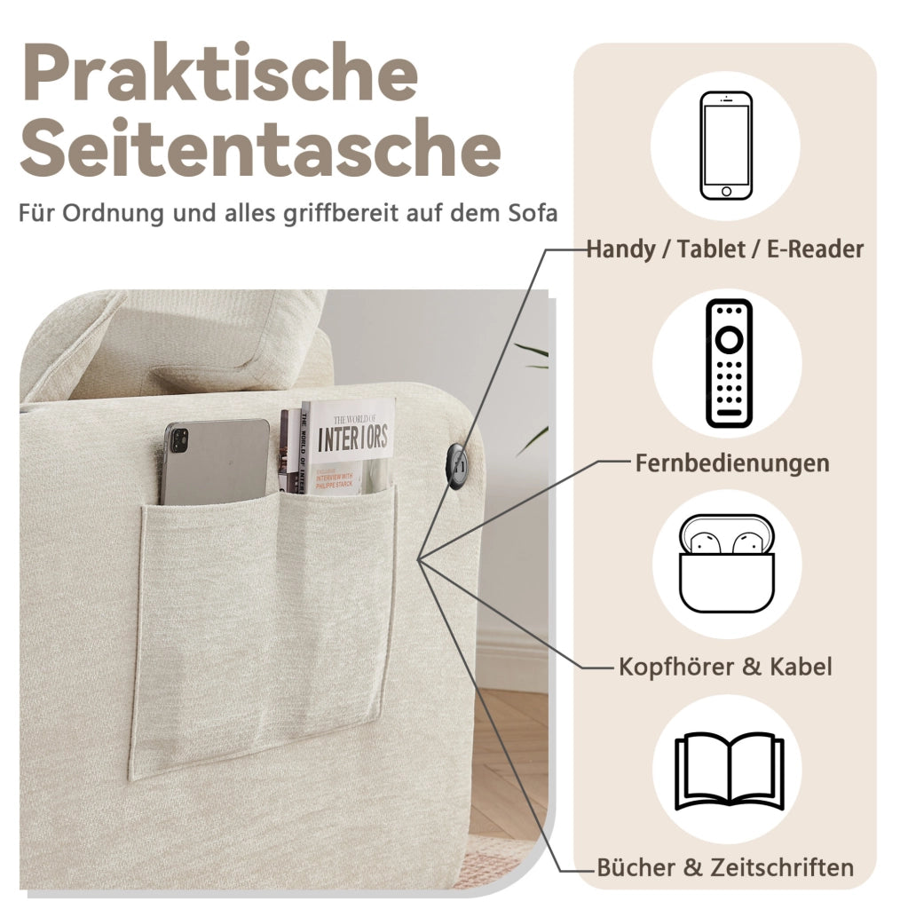 DIVANO Relax 2 posti 220x100x89 cm in chenille beige con porta USB