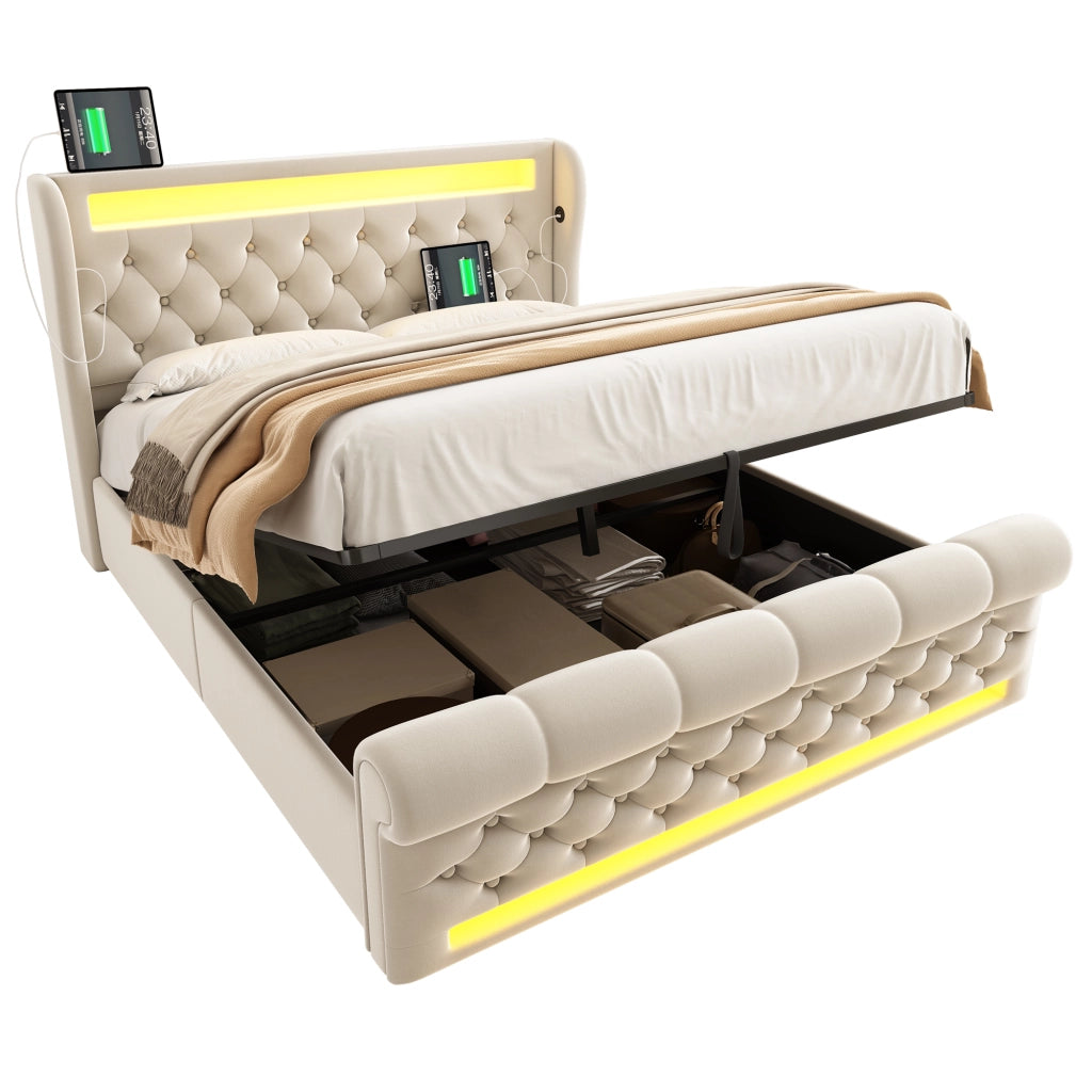 Letto matrimoniale contenitore 140x190 beige con luci LED