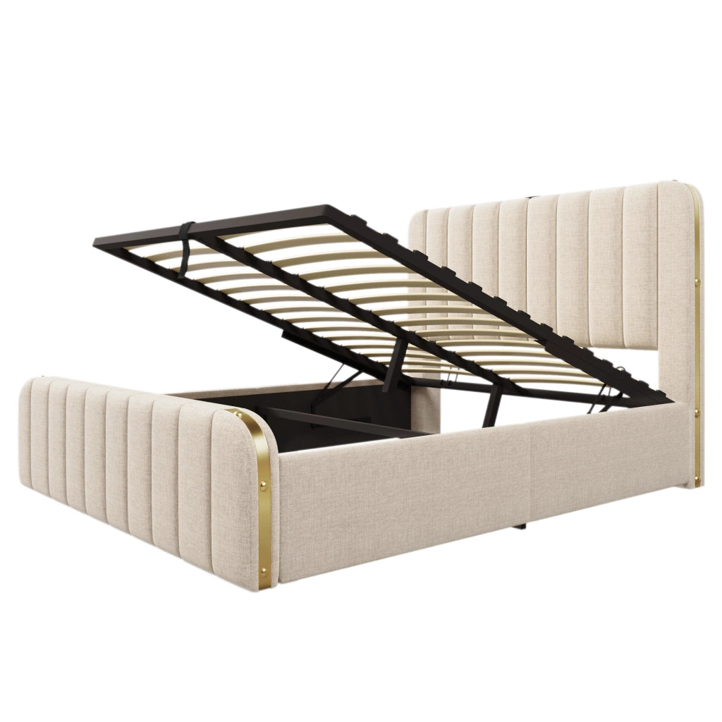 Letto matrimoniale imbottito 140x200 beige con contenitore