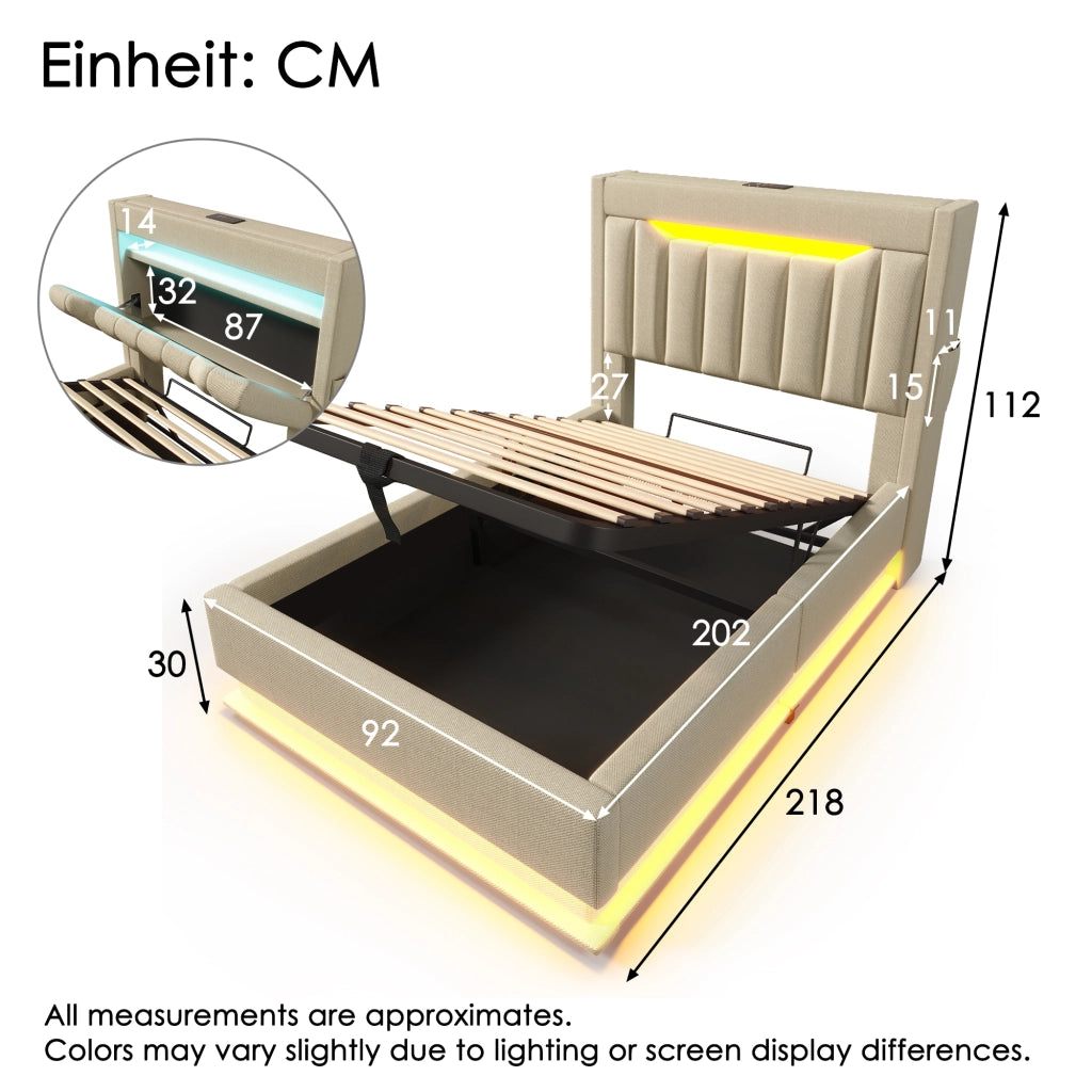 Letto singolo beige 90x200 cm con materasso e luci LED