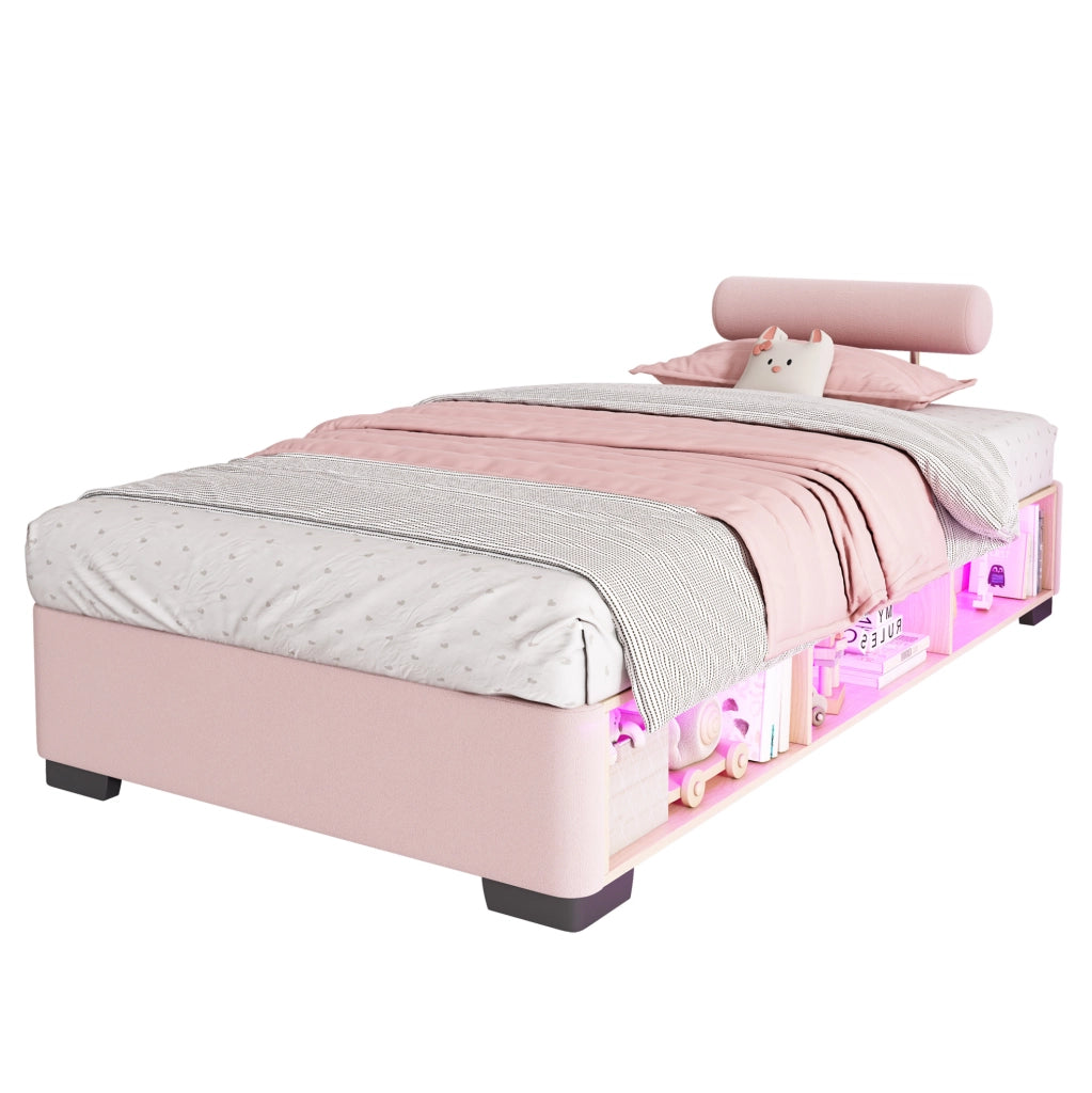 Letto per bambini imbottito 90x200 cm con LED e ripiani aperti in velluto rosa