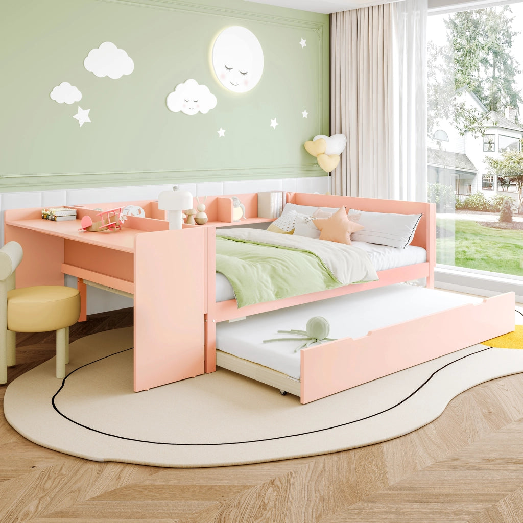 Letto Combinato 140x200 cm, Letto Matrimoniale - Scrivania e Rete Estraibile - Rosa